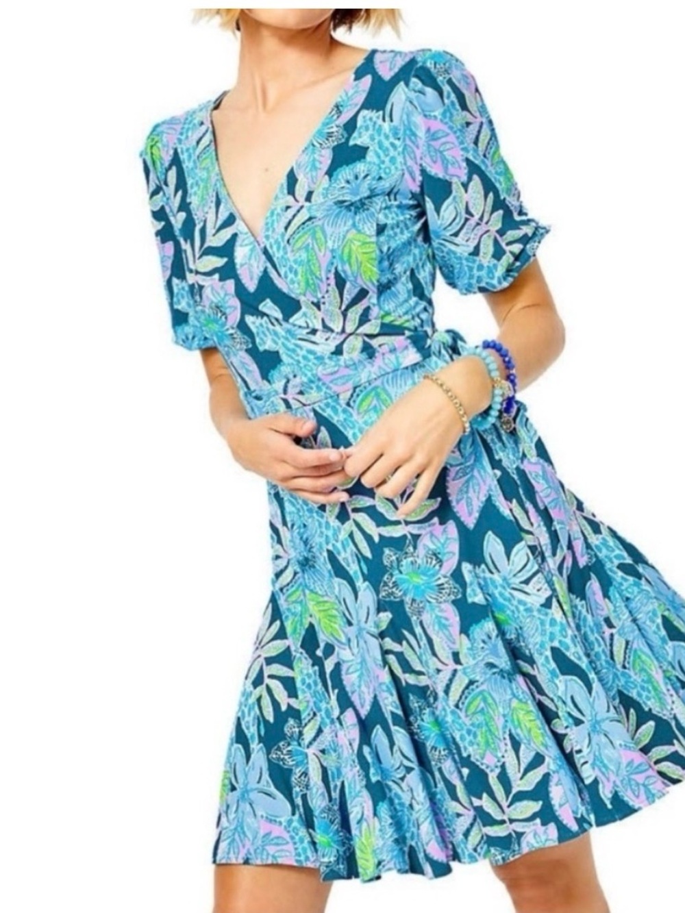 Lilly Pulitzer Kessler Wrap Dress Macaw Blue Tall Me About It Puff Sleeve XS